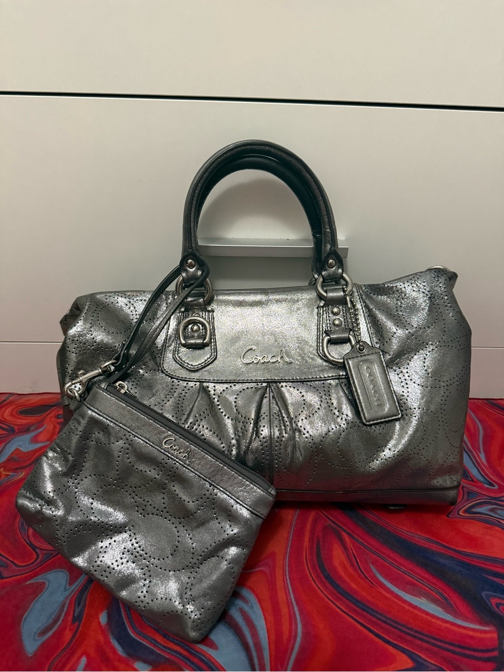 Coach Bundle Ashley Metallic Silver Perforated Leather Satchel Bag & Wristlet🩶